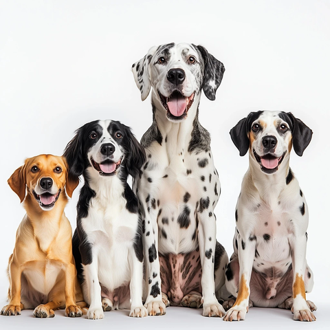 四只不同大小狗狗等待零食