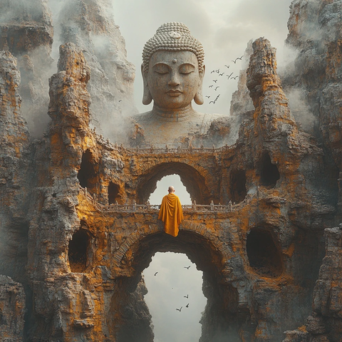 僧人于佛像前石桥上伫立的景象