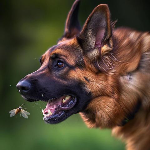 德国牧羊犬捕飞行动作特写