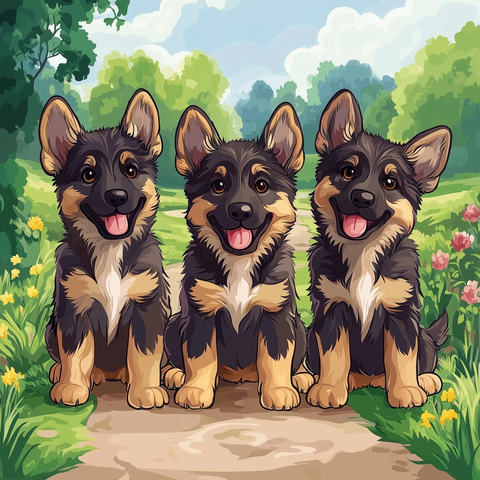 三只德国牧羊犬幼犬坐小路