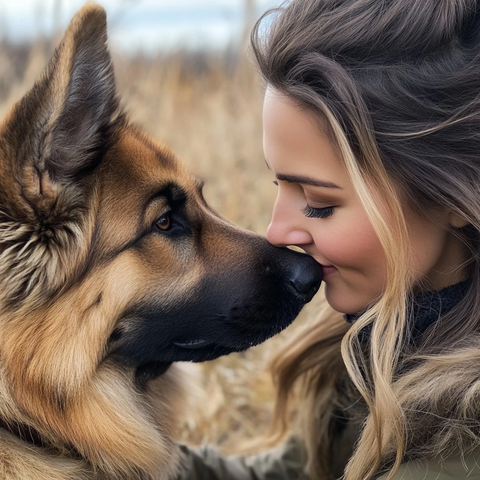 德国牧羊犬与主人亲密对视