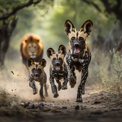 非洲野狗保护幼崽与狮追逐