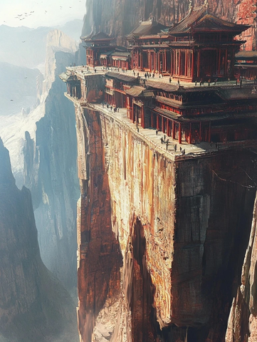 悬崖上的古建筑全景