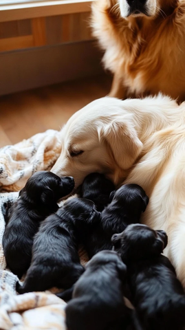 白色母狗与黑色幼犬哺乳场景
