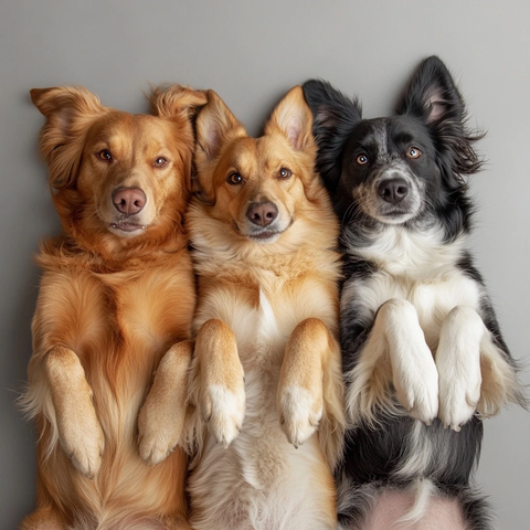 三只狗躺卧前爪伸展