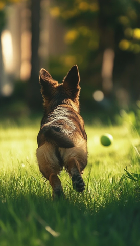 小狗追球尾巴摇动草地奔跑