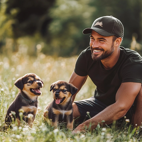 男训练员与小狗夏日户外互动