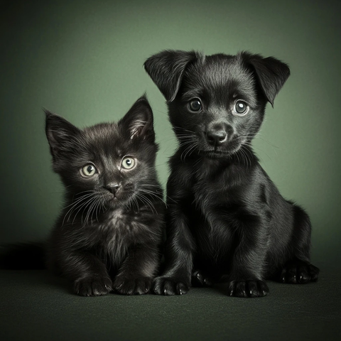 黑狗黑猫绿背景