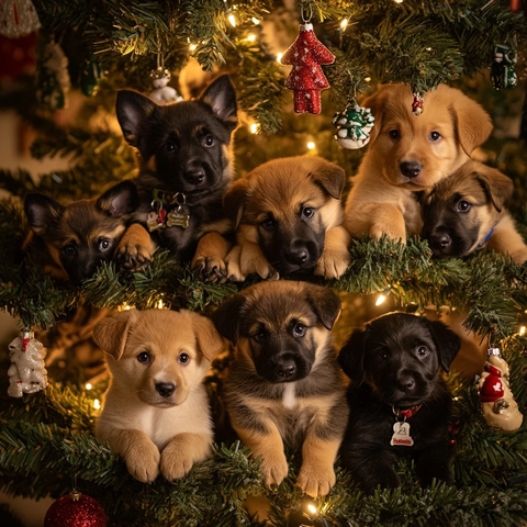 圣诞树旁多样狗狗品种