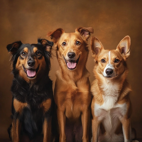 五只不同品种的狗坐在褐色背景前