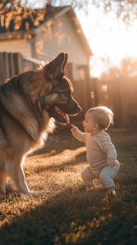 大狗与宝宝后院玩耍
