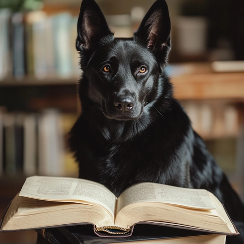 黑德牧坐在打开的书上