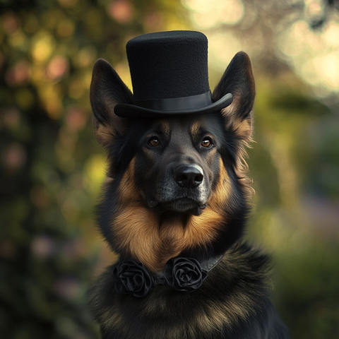 德国牧羊犬戴礼帽户外站立