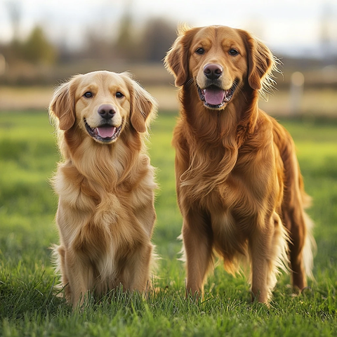 金色毛发年轻母犬与红色母犬