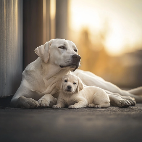 白拉布拉多抱小狗躺地