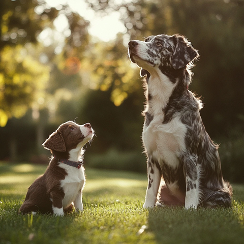 老狗示范坐姿小狗认真观察