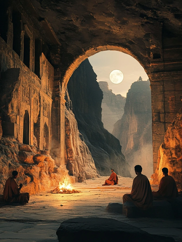石窟中僧人围火而坐的静谧画面
