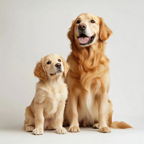 金毛母犬与幼犬坐立像