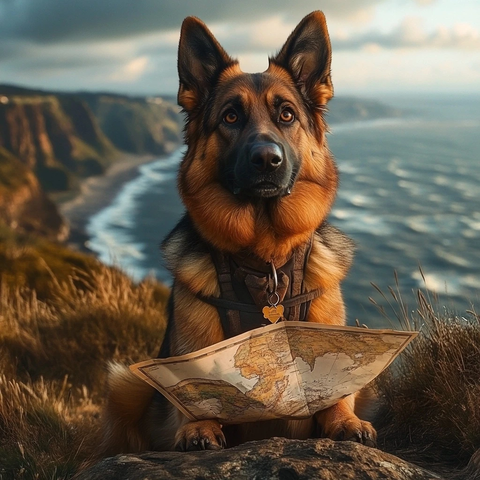 德国牧羊犬坐岩石看海图