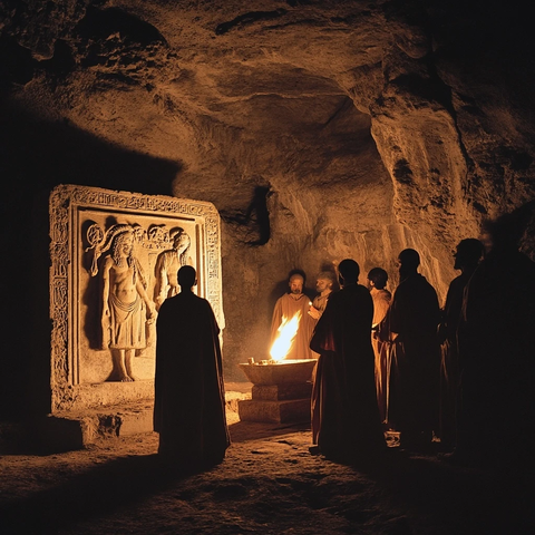 山洞中僧人们围火进行仪式的场景