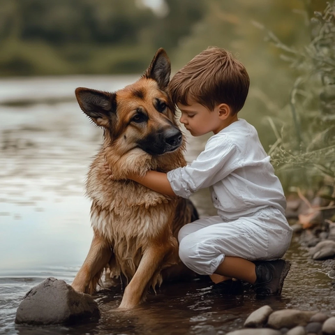 男孩拥抱救命犬