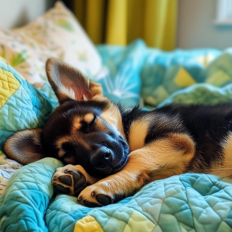 德国牧羊犬幼犬床上睡觉