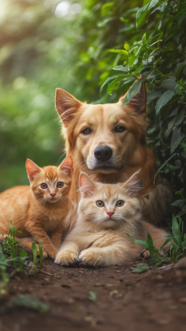 狗狗猫咪户外家庭合影