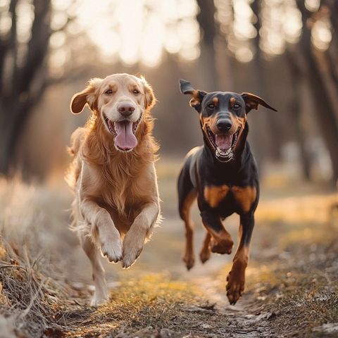 金毛与杜宾犬嬉戏奔跑