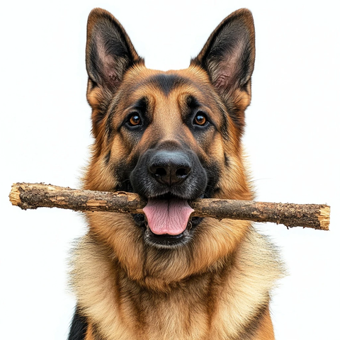 德国牧羊犬叼着木棍