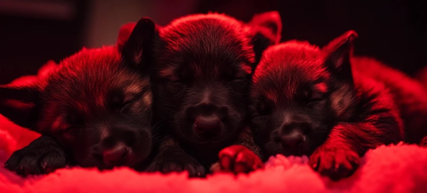 新生黑德牧幼犬聚拢红光中