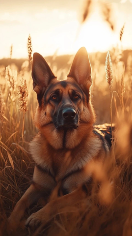 德国牧羊犬躺卧草地凝视