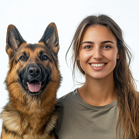 女人与护卫犬并肩站立