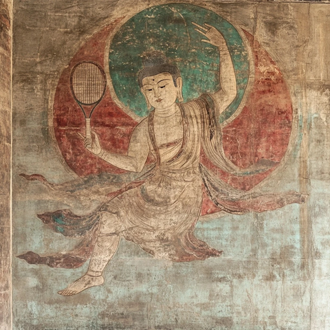 壁画中手持球拍的人物形象