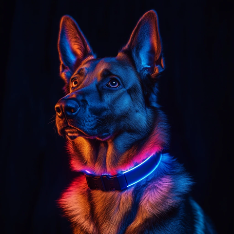 德国牧羊犬佩戴灯夜间展示