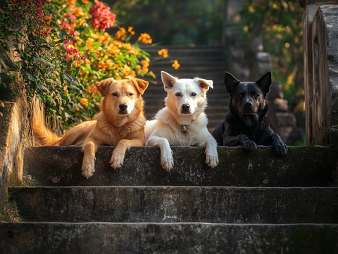 三只狗躺在石阶上