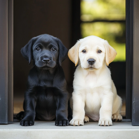 两只拉布拉多幼犬在门口