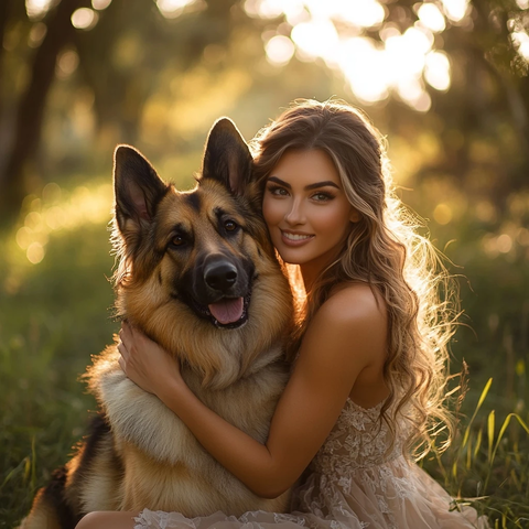 女人抱狗公园穿礼服