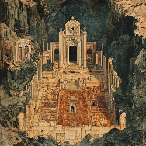 岩石间神秘宏伟的古老建筑遗迹