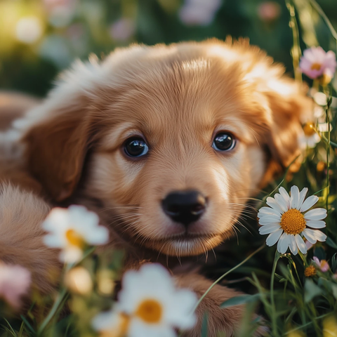 花园小狗玩耍草地花丛
