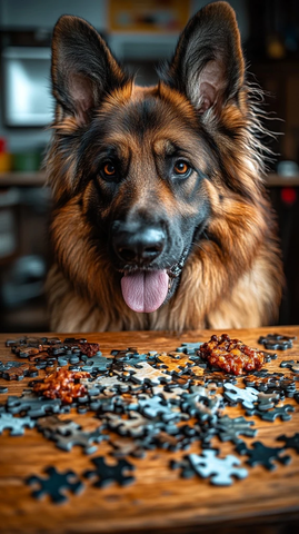 德国牧羊犬在桌前享受美食