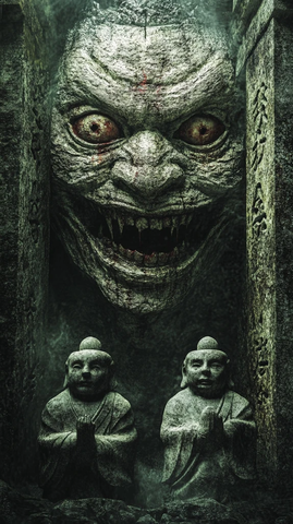 鬼脸石像与小佛像的神秘场景