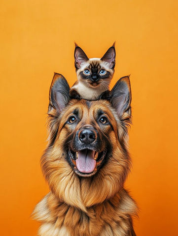 德国牧羊犬与暹罗猫互动瞬间