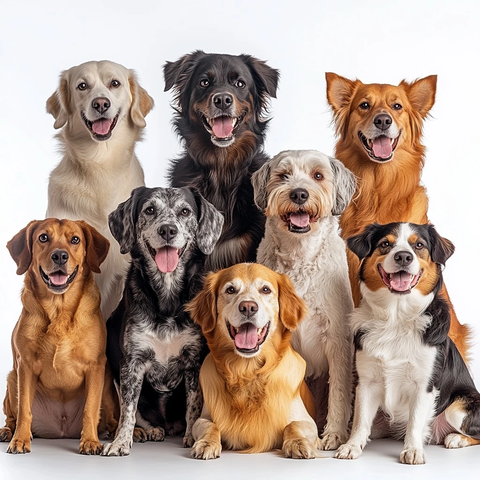 不同品种狗狗坐在一起