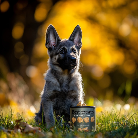 灰狗幼犬嗅闻零食罐