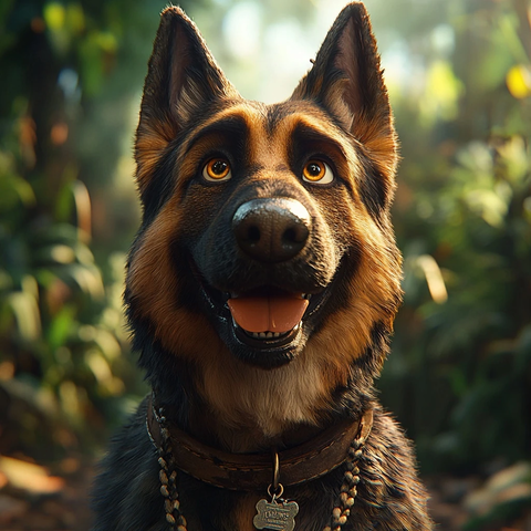 德国牧羊犬颈戴绳链丛林