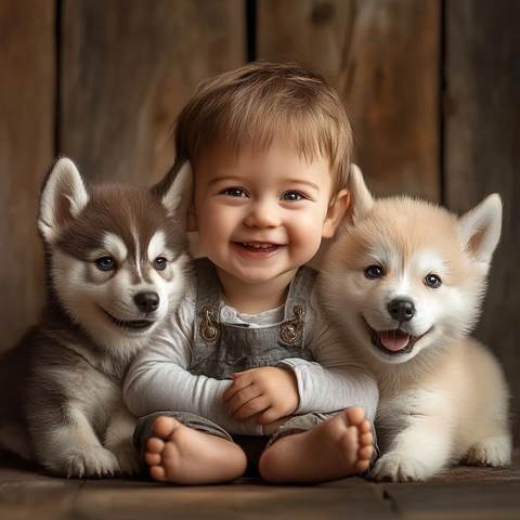 小男孩与两只灰狼宝宝