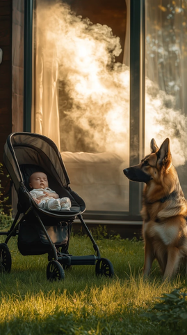 婴儿车旁德国牧羊犬守望