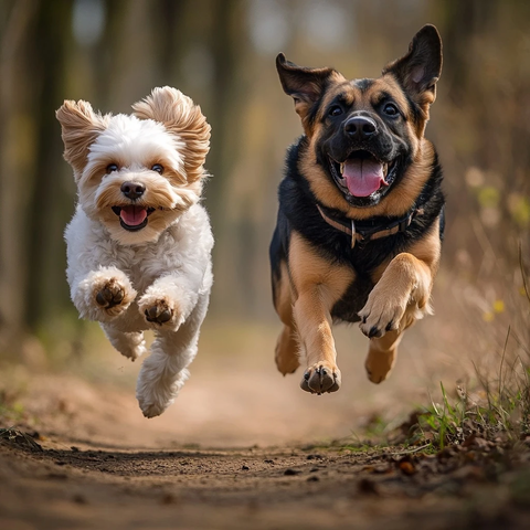 白棕色西施犬追逐德国牧羊犬