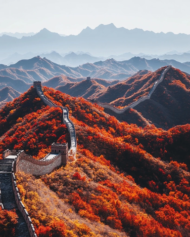 崇山峻岭间蜿蜒曲折的长城秋景