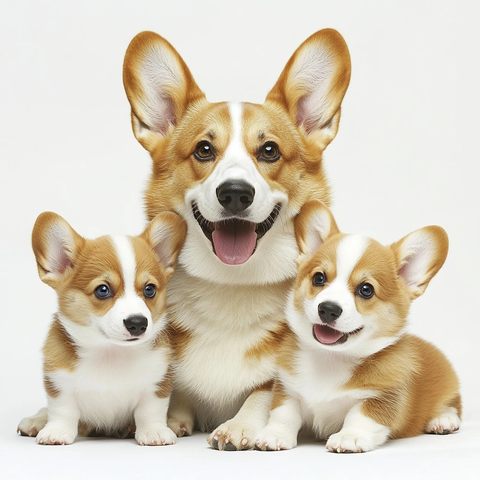 柯基母犬与两只幼犬